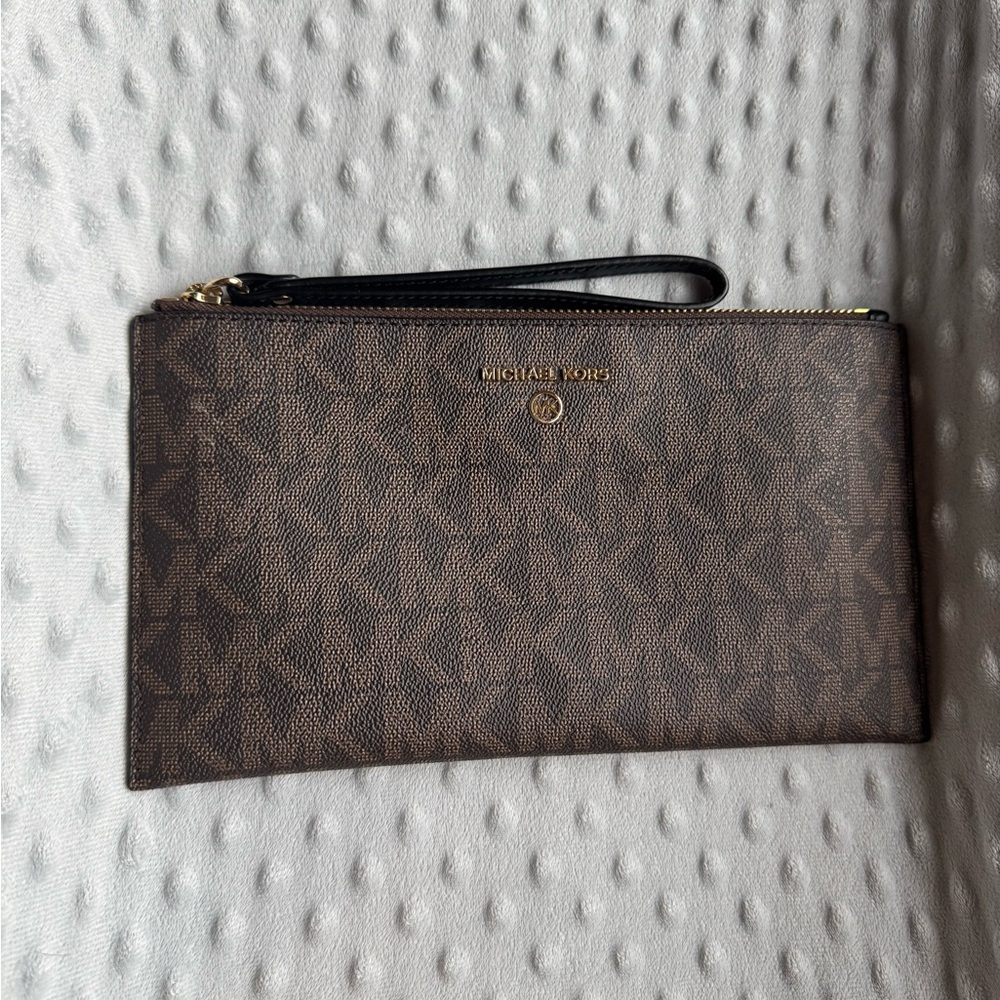 Michael Kors Brown Monogram Wristlet with Gold Hardware